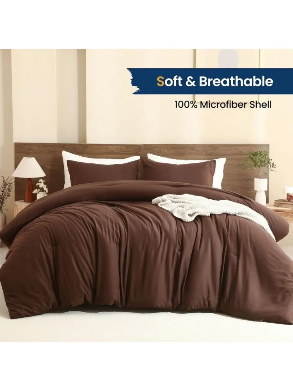 Cozy Earthy Brown Queen Comforter Set, 3-Piece Lightweight Bedding, Soft